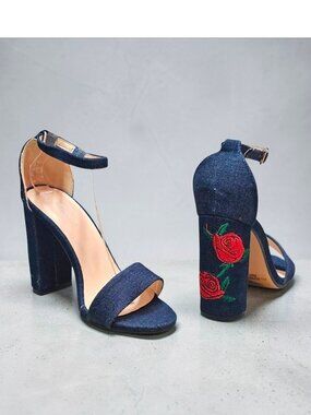 Denim Block Heels With Embroidered Red Rose Design & Adjustable Ankle Strap - Wo
